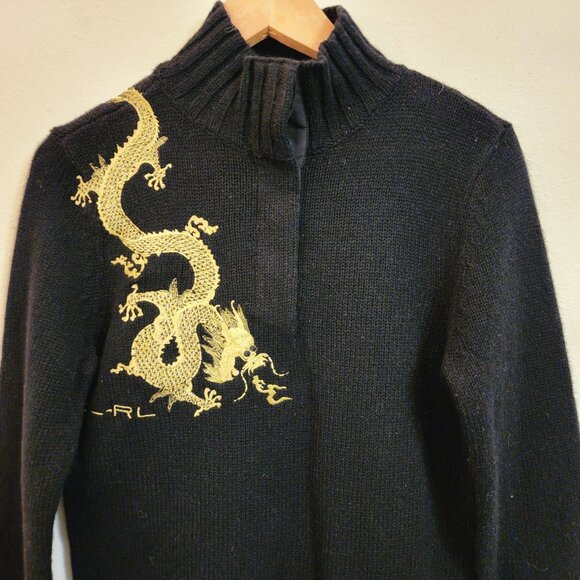 Vintage Lauren Ralph Lauren Gold Dragon Embroidery Sweater LambsWool Women PM - Picture 4 of 14